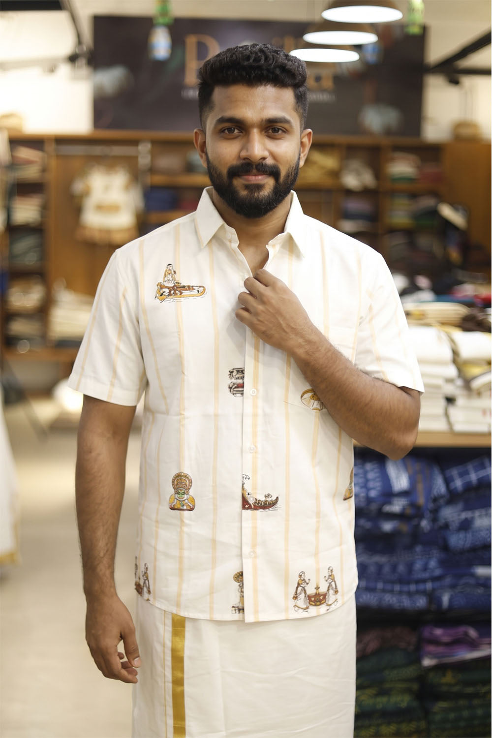 Offwhite Shirt with Stripes & Onam Prints