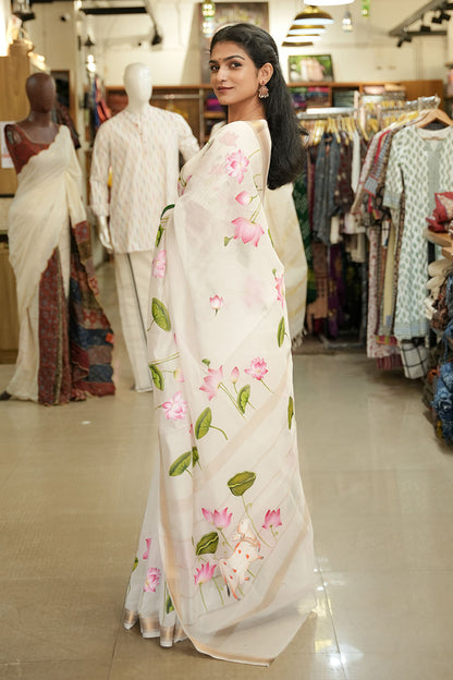 Lotus Hand Painted Maheswari Silk Saree