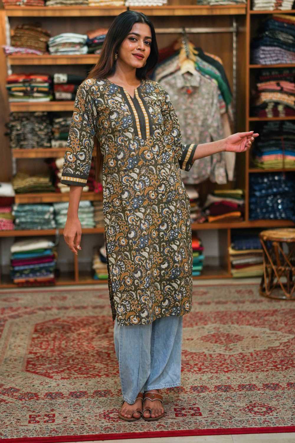 Green Base Mustard Kalamkari Yellow Kurti