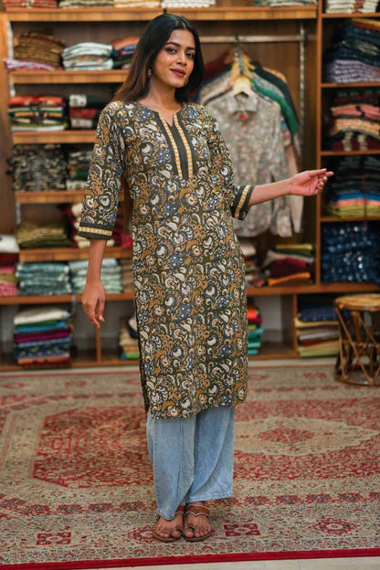 Green Base Mustard Kalamkari Yellow Kurti