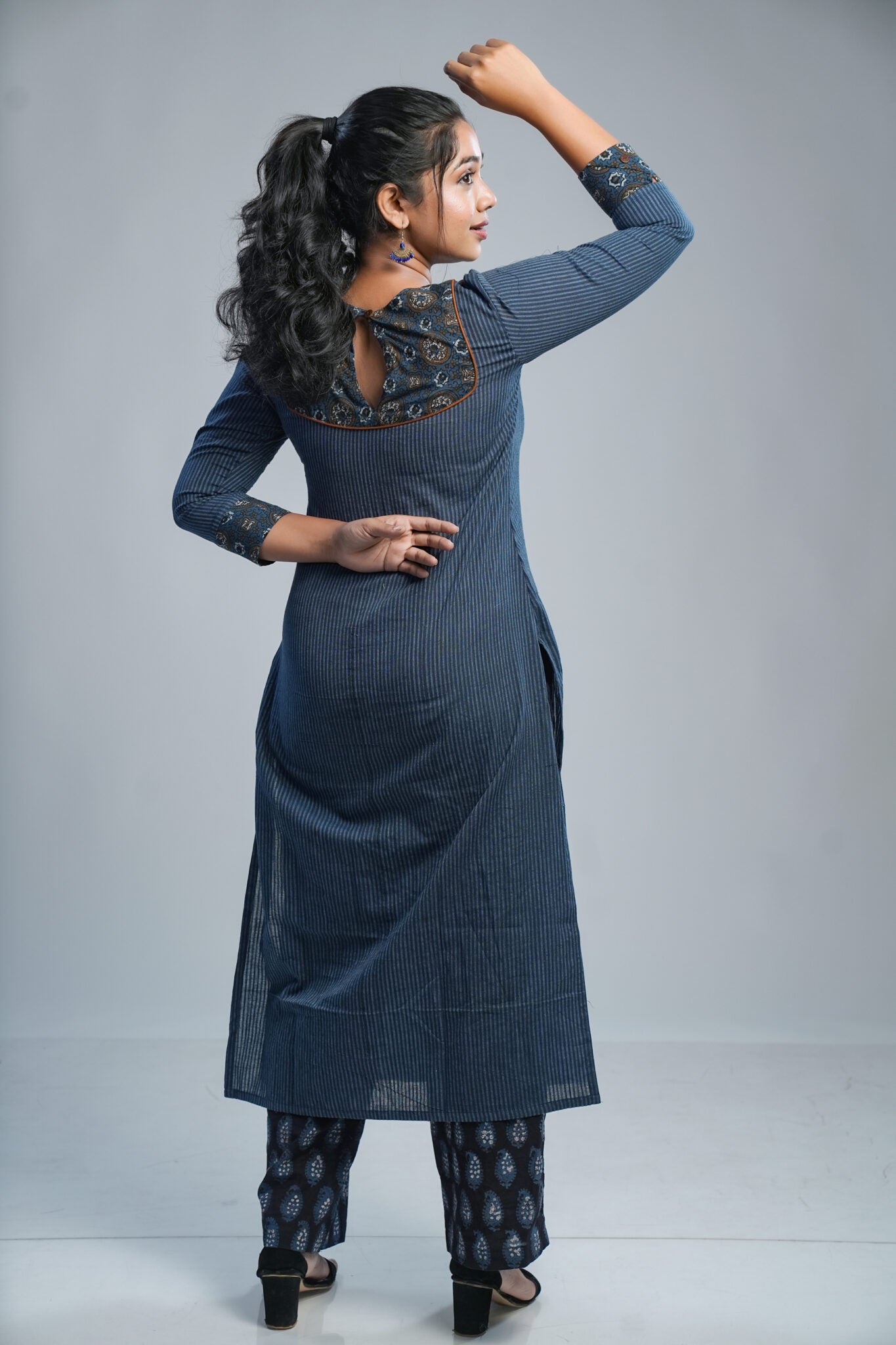 Blue Kurti with Ajrakh Yoke