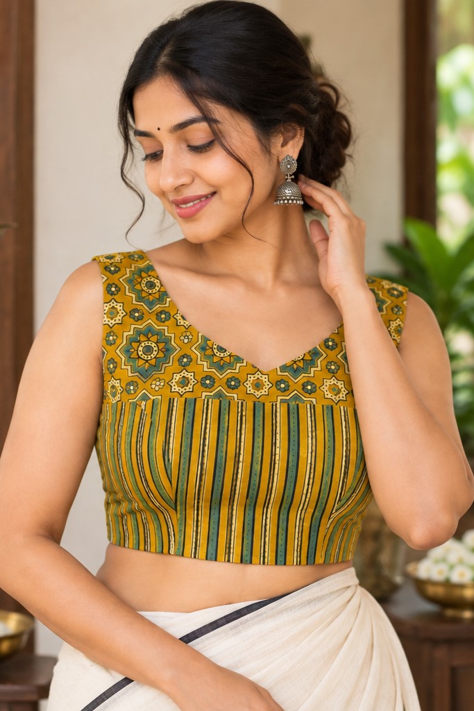 Yellow with Geometrical Floral & Stripe Print Blouse