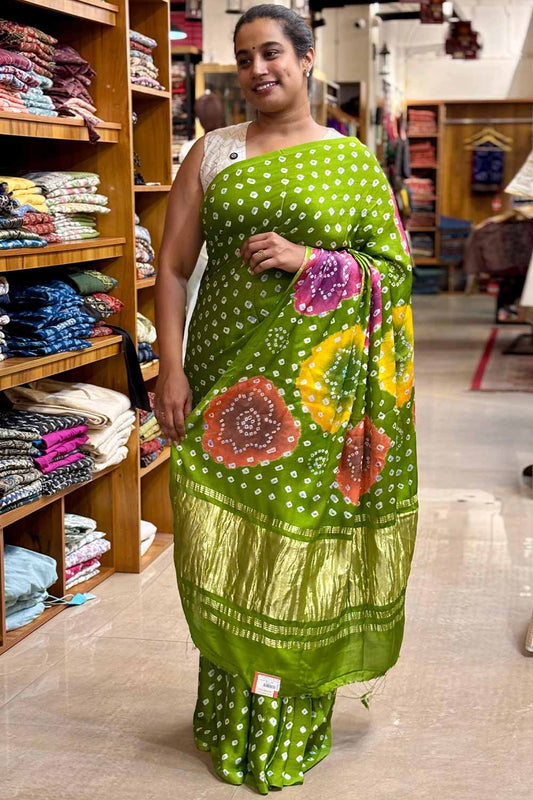 Parrot Green Modal Silk Bandhani Saree