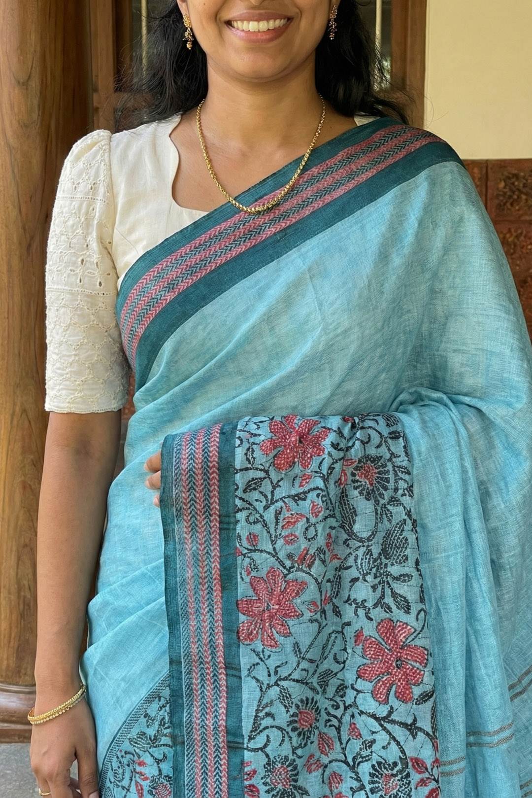 Cotton Blue & Red Pallu Designer Saree