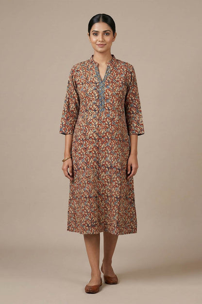 Red Slitted with Blue Small Creapers Print Kurti