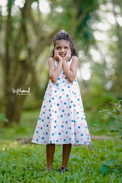 Pink and blue polka dot umbrella dress