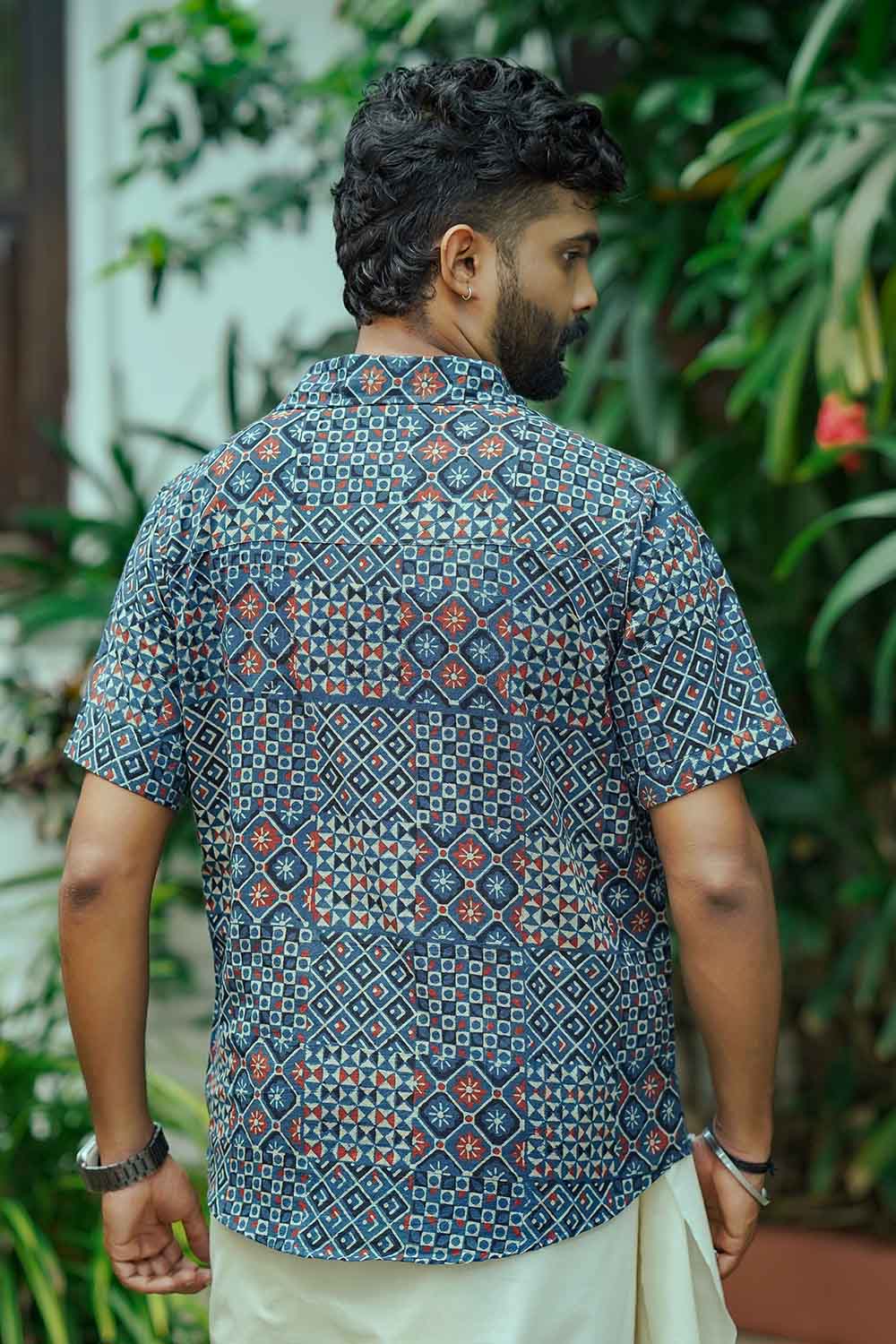 Blue Ajrakh Box Print Half Sleeve Shirt
