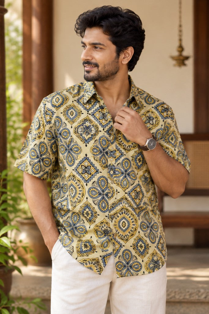 Beige Base Yellow & Blue Print Modal Silk Shirt