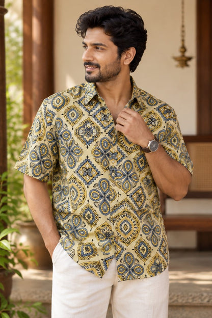 Beige Base Yellow & Blue Print Modal Silk Shirt
