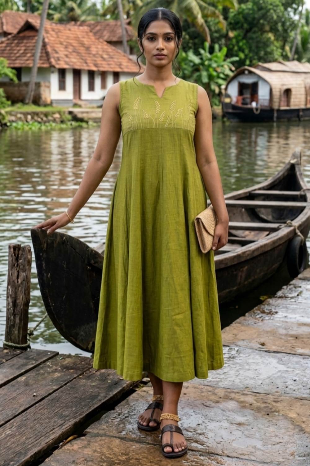 Golden Nelkathri Embroidery Mul Chandheri Anarkali