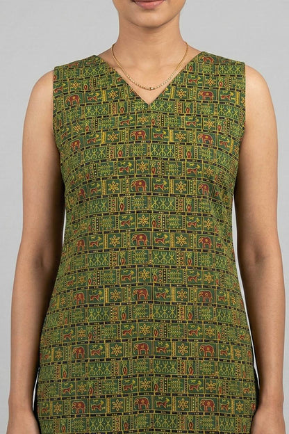 Green Sleeveless Slitted Goat & Elephant Print Kurti
