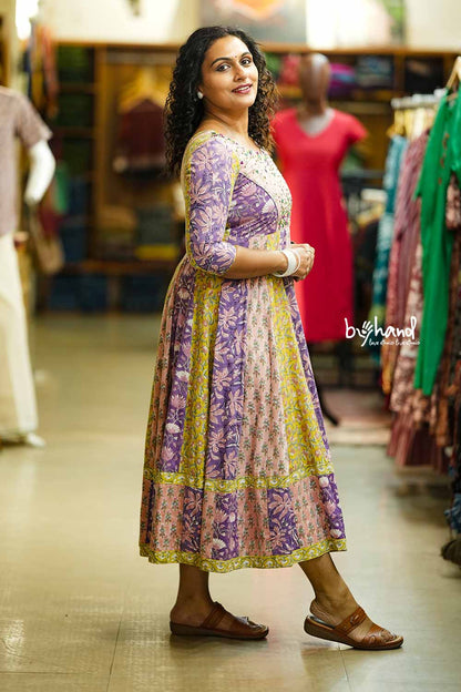 Sangeneri Multi Colour Print Anarkali With Mirror Embroidery