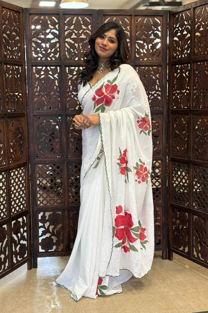 White Saree with Green Scallop & Red Flower