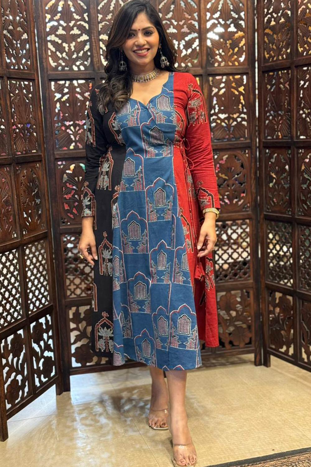 Black Blue & Red 3 Panel Ajrakh Wrap Dress