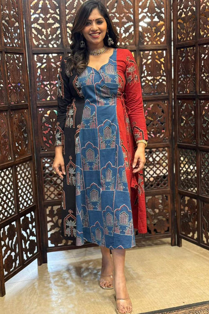 Black Blue & Red 3 Panel Ajrakh Wrap Dress