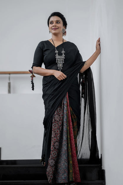 Black Mulcotton Saree with Multi Ajrakh Pleat