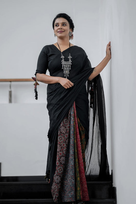 Black Mulcotton Saree with Multi Ajrakh Pleat