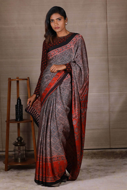 Black Base Ajrakh Modal  Silk Saree