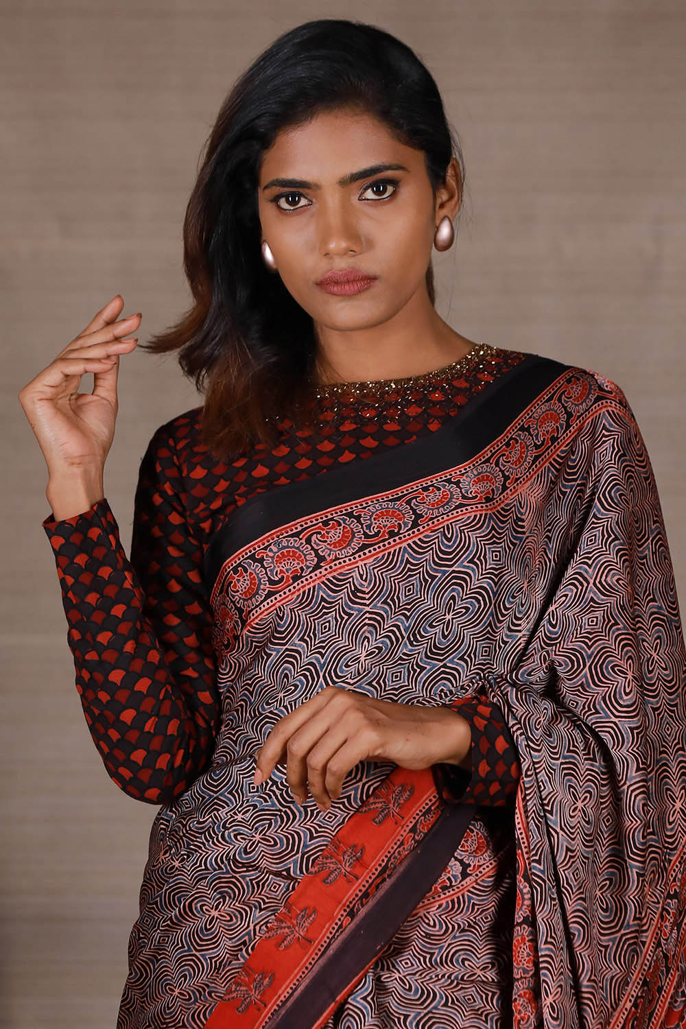 Black Base Ajrakh Modal  Silk Saree