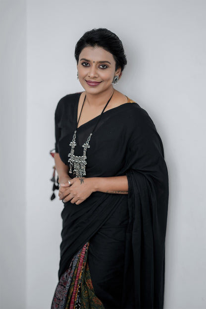 Black Mulcotton Saree with Multi Ajrakh Pleat