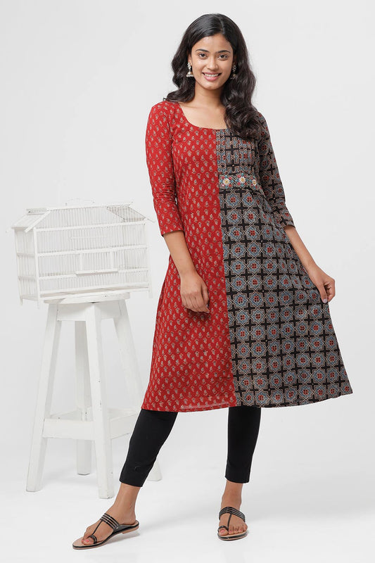 Red And Black Ajrakh Fusion A-Line Kurta