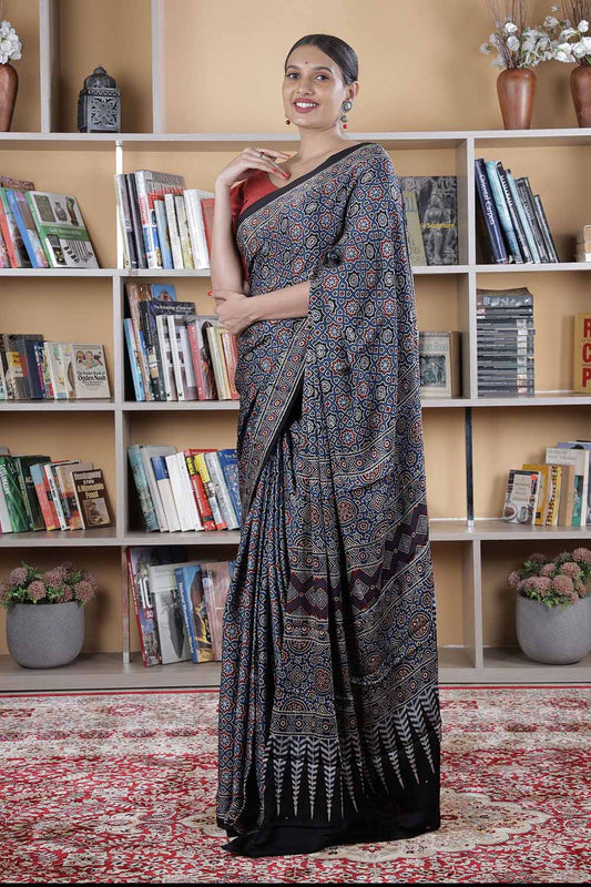 Ajrakh Black & Blue Modal Silk Saree
