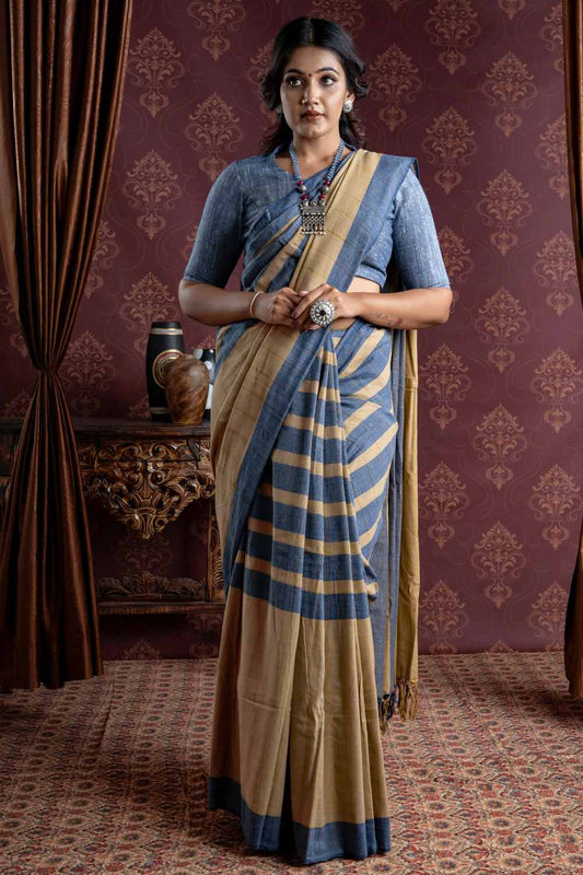 Handloom Saree With Ochre Yellow And Light Navy Blue Stripes