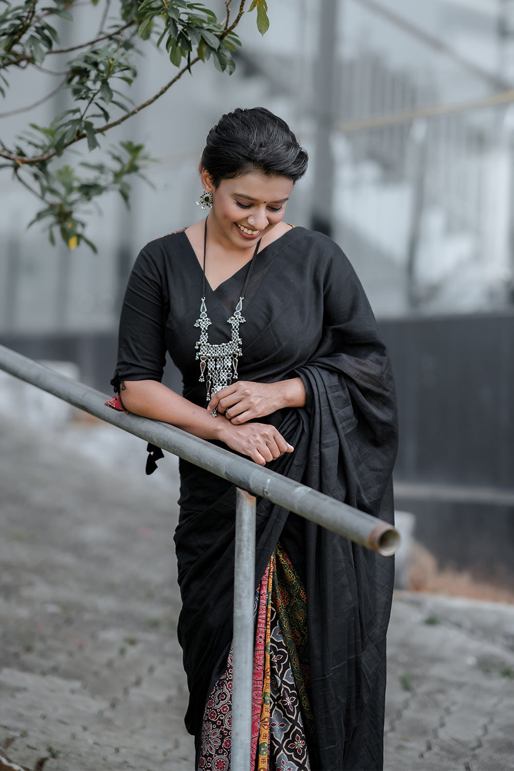 Black Mulcotton Saree with Multi Ajrakh Pleat