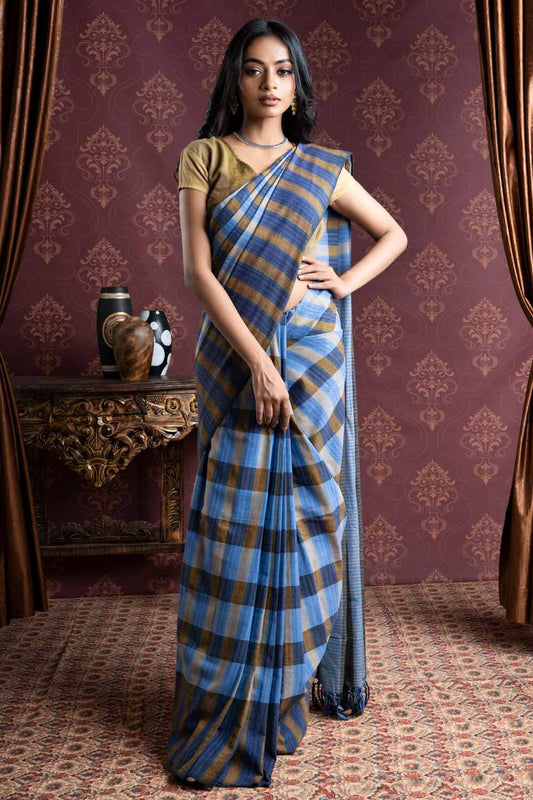 Handloom Saree with Navy Blue and Beige Checks