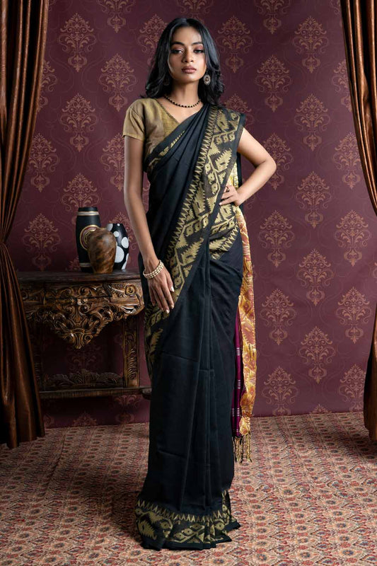 Black Handloom Cotton Saree With Designer Border