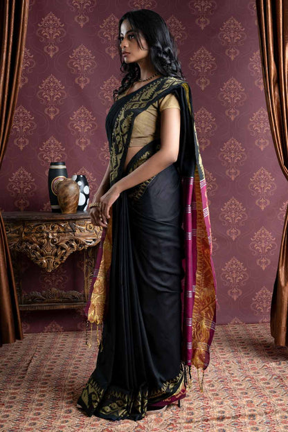 Black Handloom Cotton Saree With Designer Border