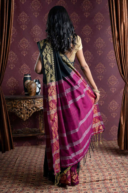 Black Handloom Cotton Saree With Designer Border