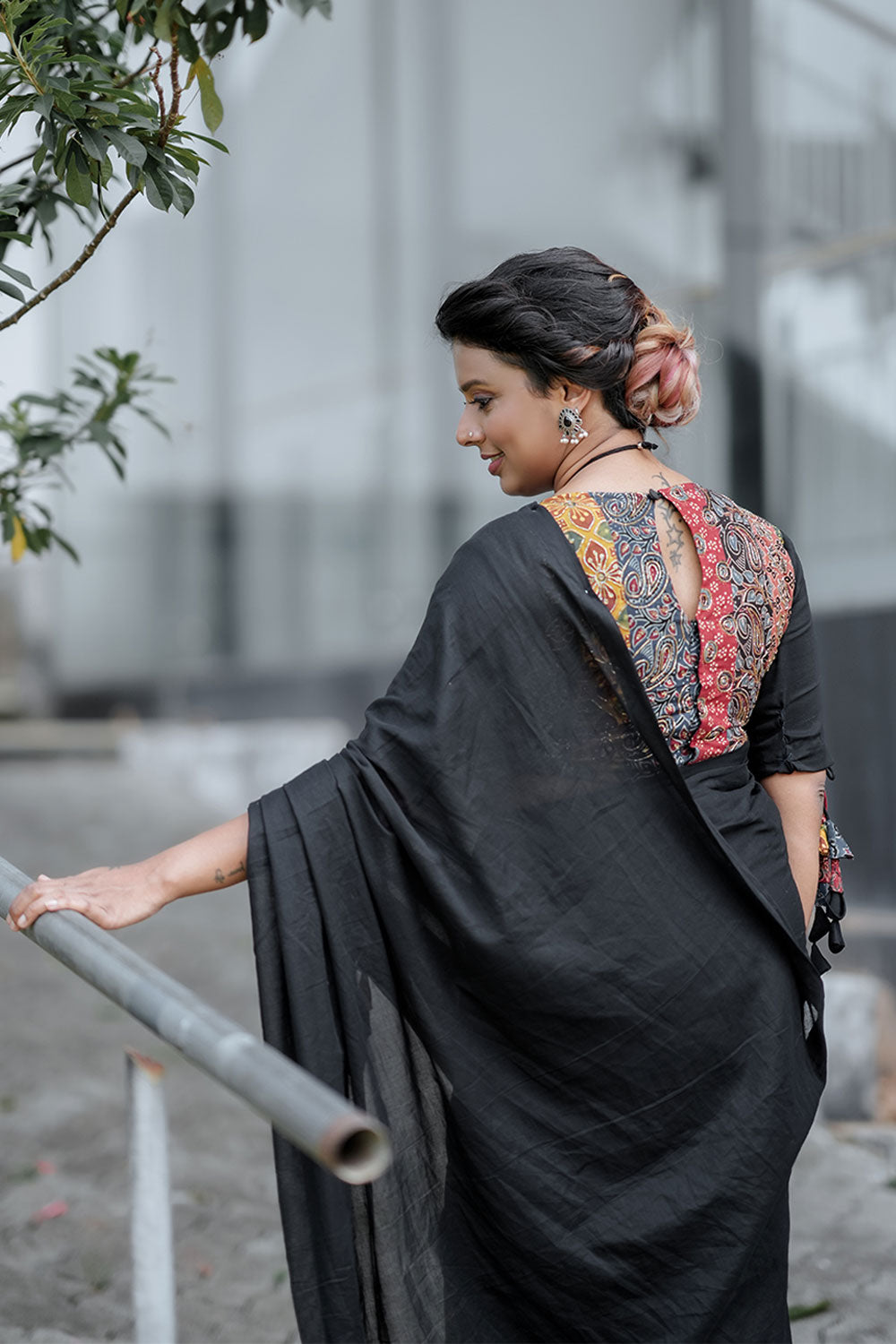 Black Mulcotton Saree with Multi Ajrakh Pleat