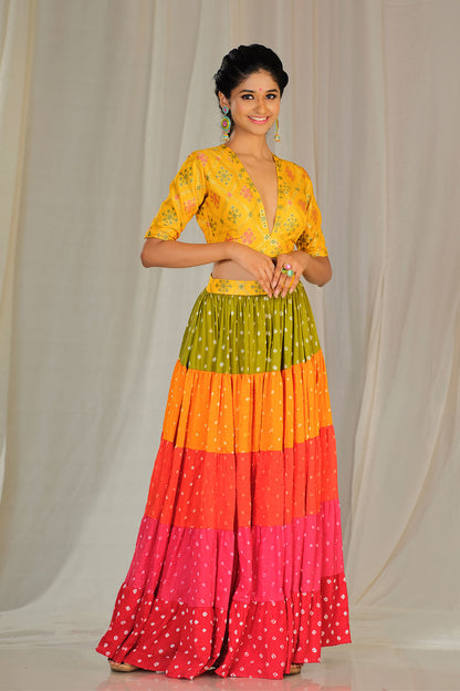 Multi color layered bandhani skirt