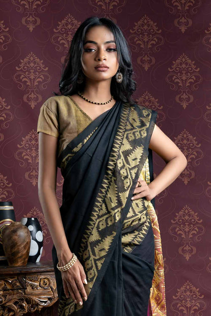 Black Handloom Cotton Saree With Designer Border