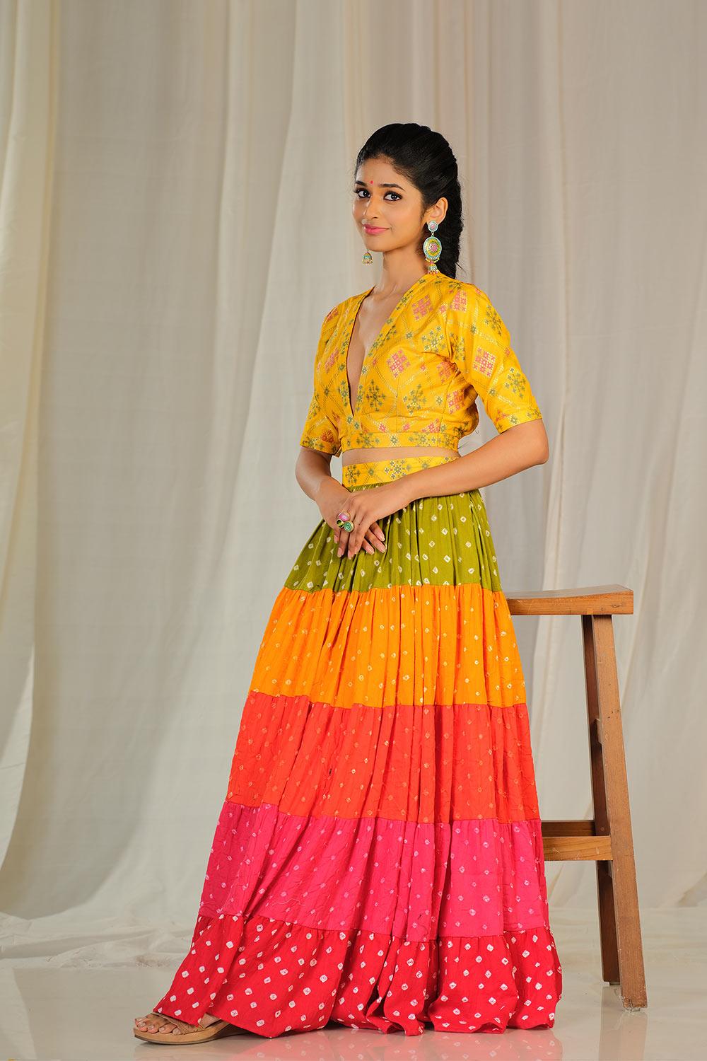 Multi color layered bandhani skirt