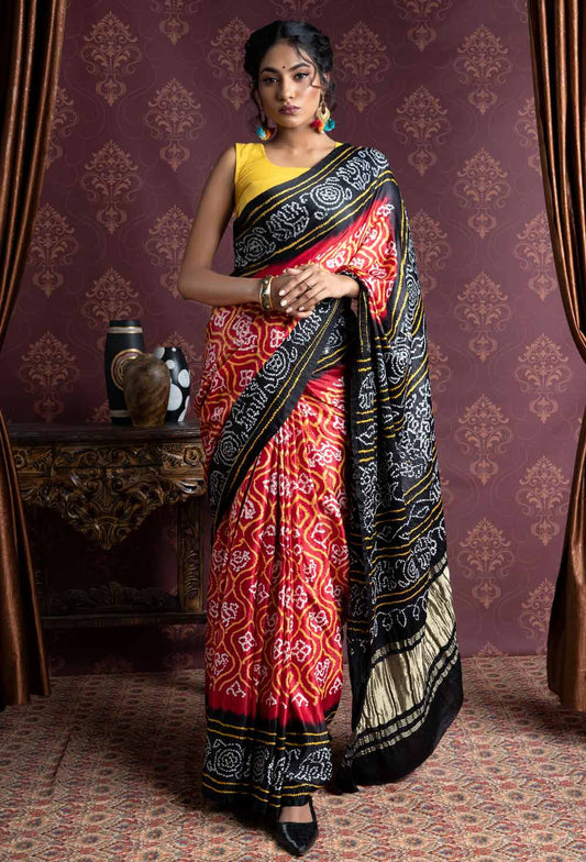 Bandhani Gaji Silk Red Body with Black Border and Pallu Saree