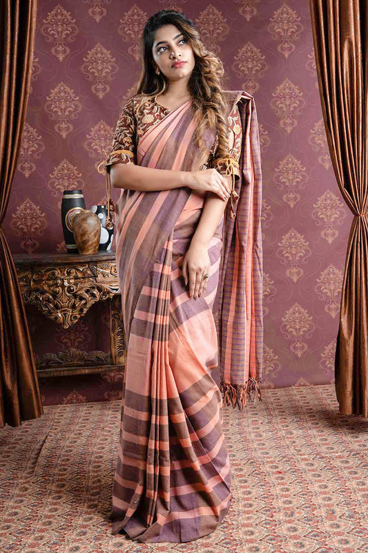 Handloom Saree with Peach Base and Broad Grey Stripes