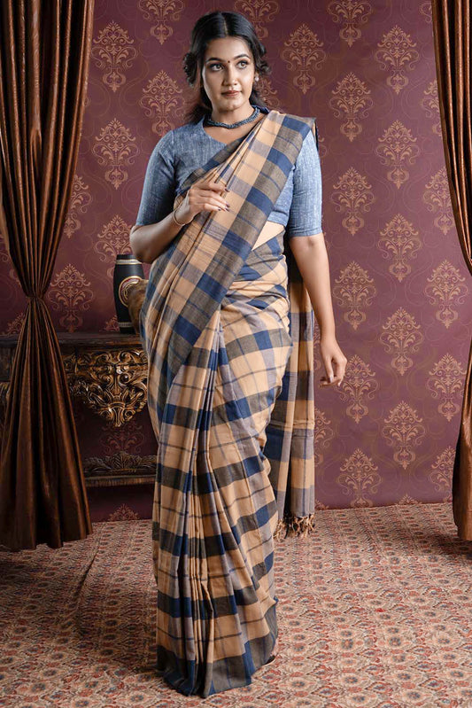 Handloom Saree with Beige and Navy Blue Checks