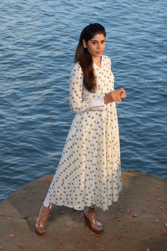 Polka Dot White Umbrella Kurti