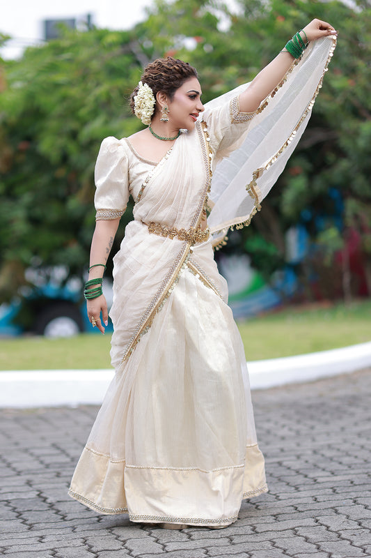 Offwhite Chanderi Dupatta with Golden Border