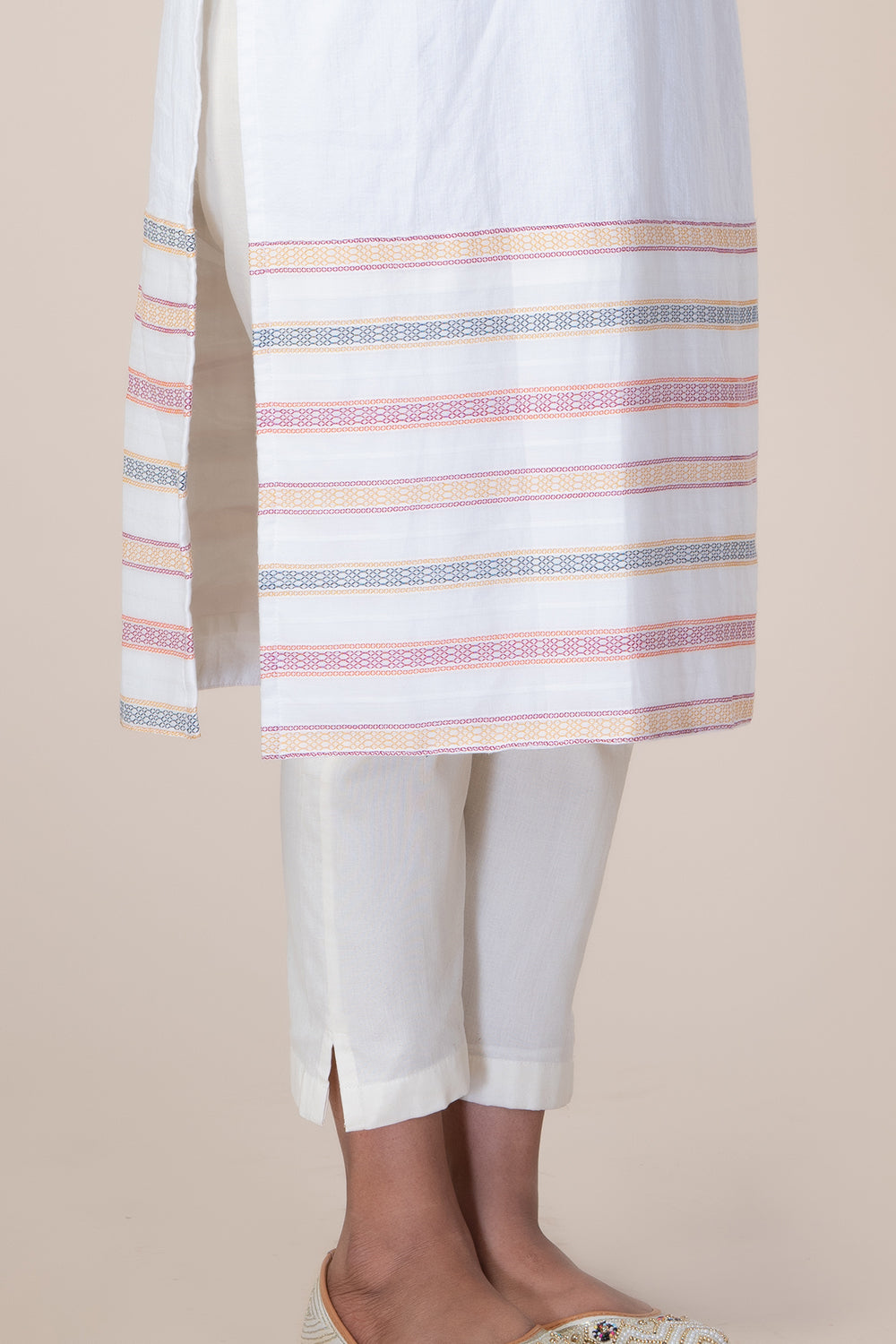 White Kantha Kurthi with Multicolour Lace