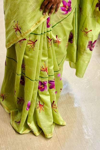 Green chanderi saffron handpainted saree