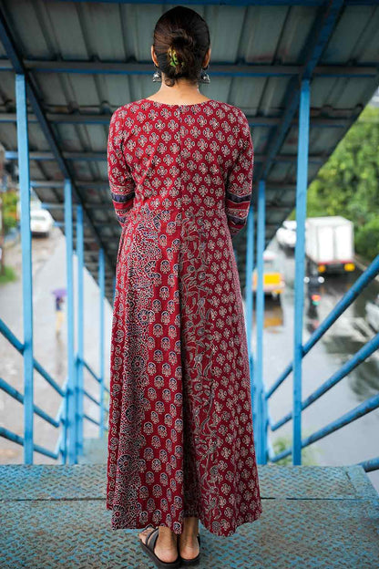 Red Ajrakh Multi Printed Panel Anarkali