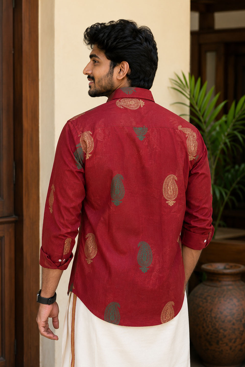 Red Shirt with Gloden & Teal Shell Shaped Motif