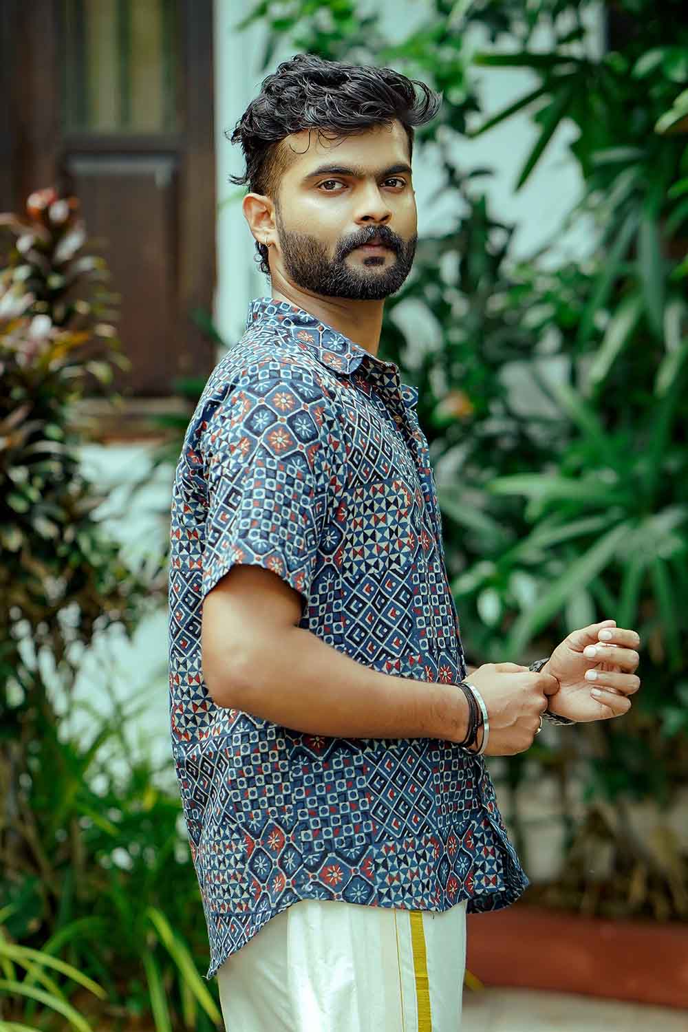 Blue Ajrakh Box Print Half Sleeve Shirt