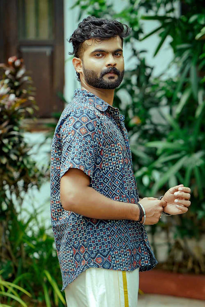 Blue Ajrakh Box Print Half Sleeve Shirt