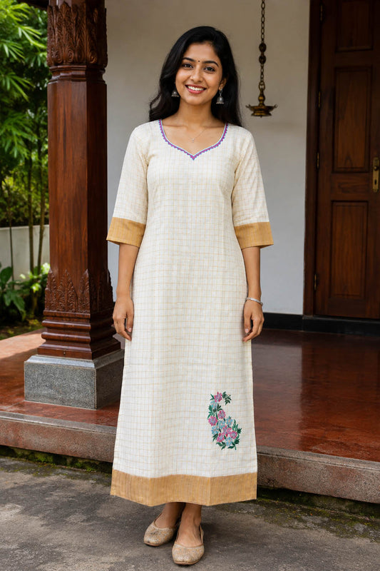 Offwhite Check Kurti with Pink Neck & Embroidery