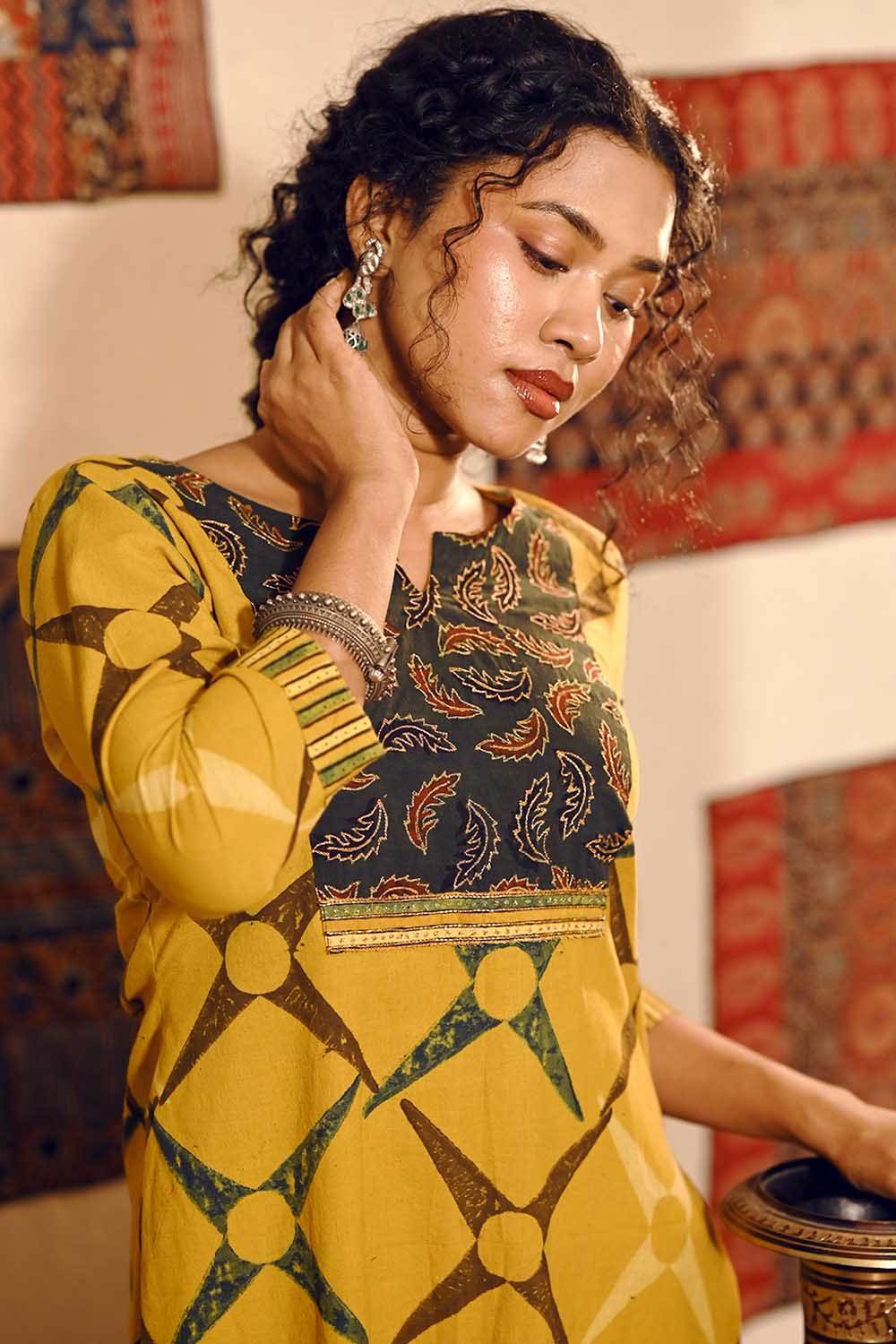 Mustard Yellow A line Kurti with Feather Yoke