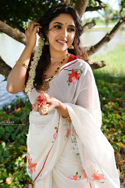 Maroon Puliyilakara Saree with Handpainted Gulmohar Flowers